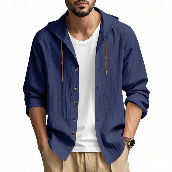 Herren nan leichtes Kapuzenhemdjacke aus Leinenoptik mit durchgehender Knopfleiste Drune