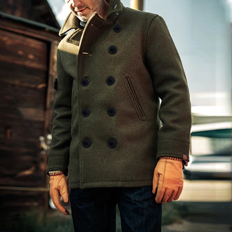 Herren Doppeltreihiger Wollmantel im Peacoat-Stil mit hohem Kragen Drune