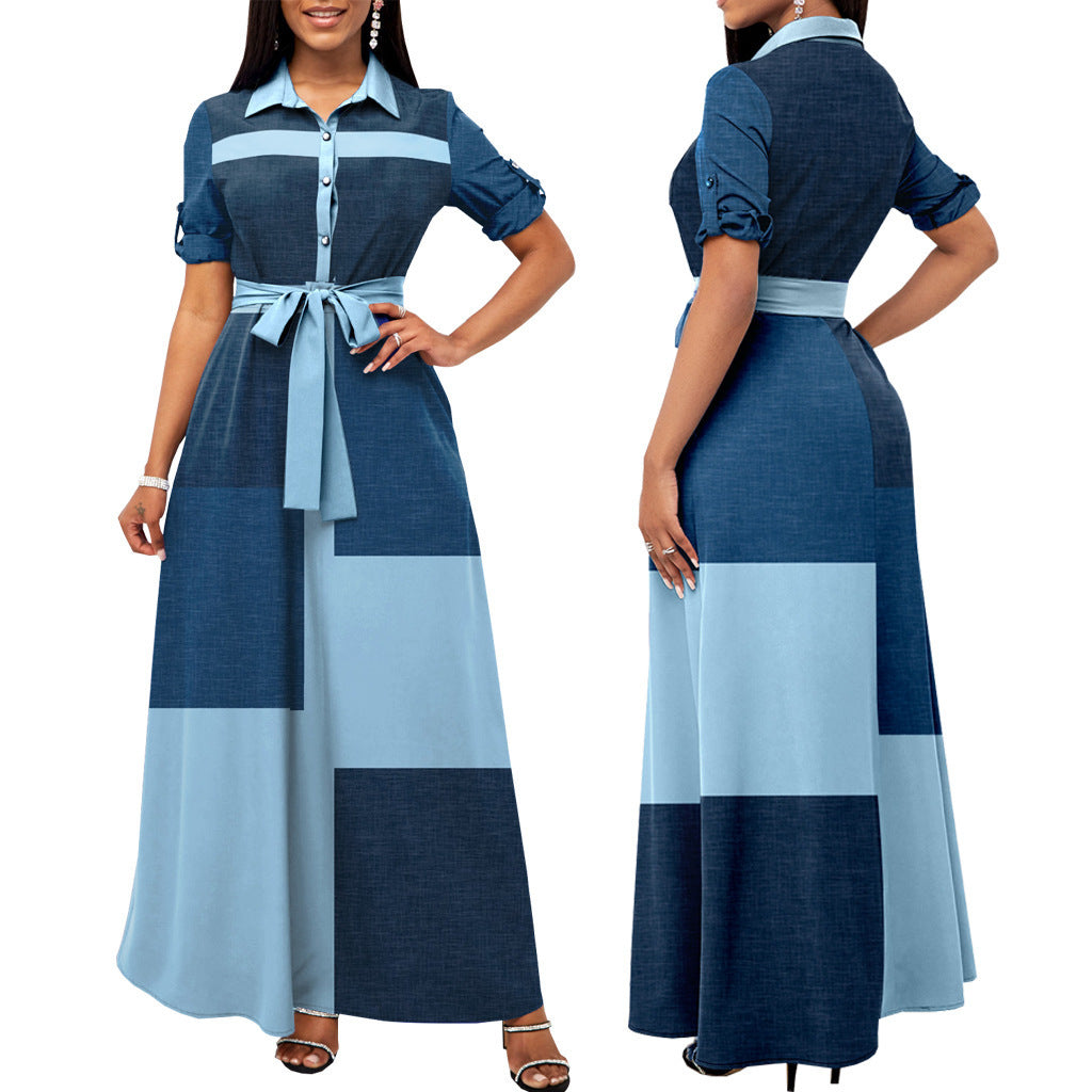 Damen Maxikleid Hemdblusenstil mit Taillengürtel und Blockpatch-Design Drune