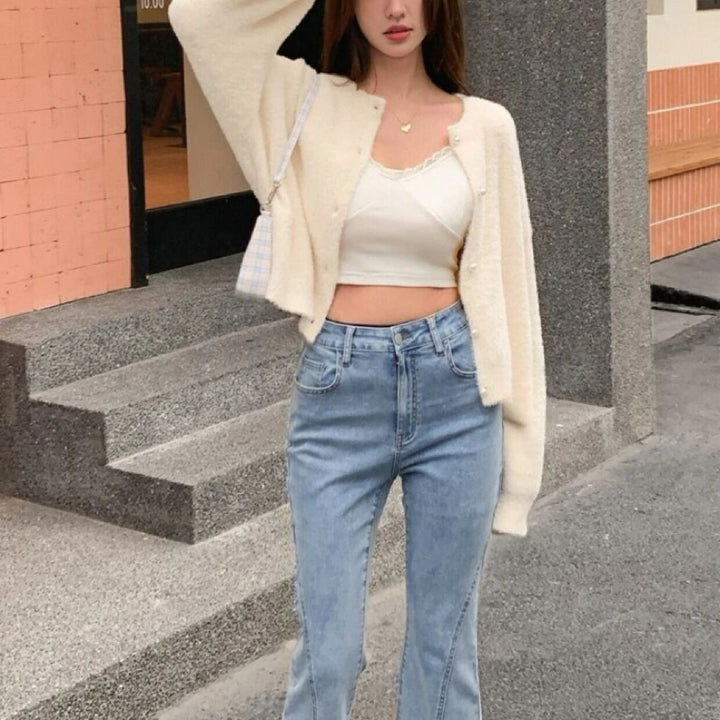 Damen Kurzgeschnittener Flauschiger Strickcardigan mit Perlenknöpfen Drune