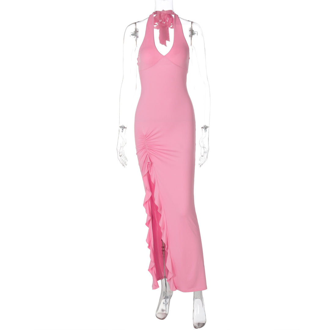 Damen elegantes Maxikleid mit tiefem V-Ausschnitt und seitlichem Schlitz Drune