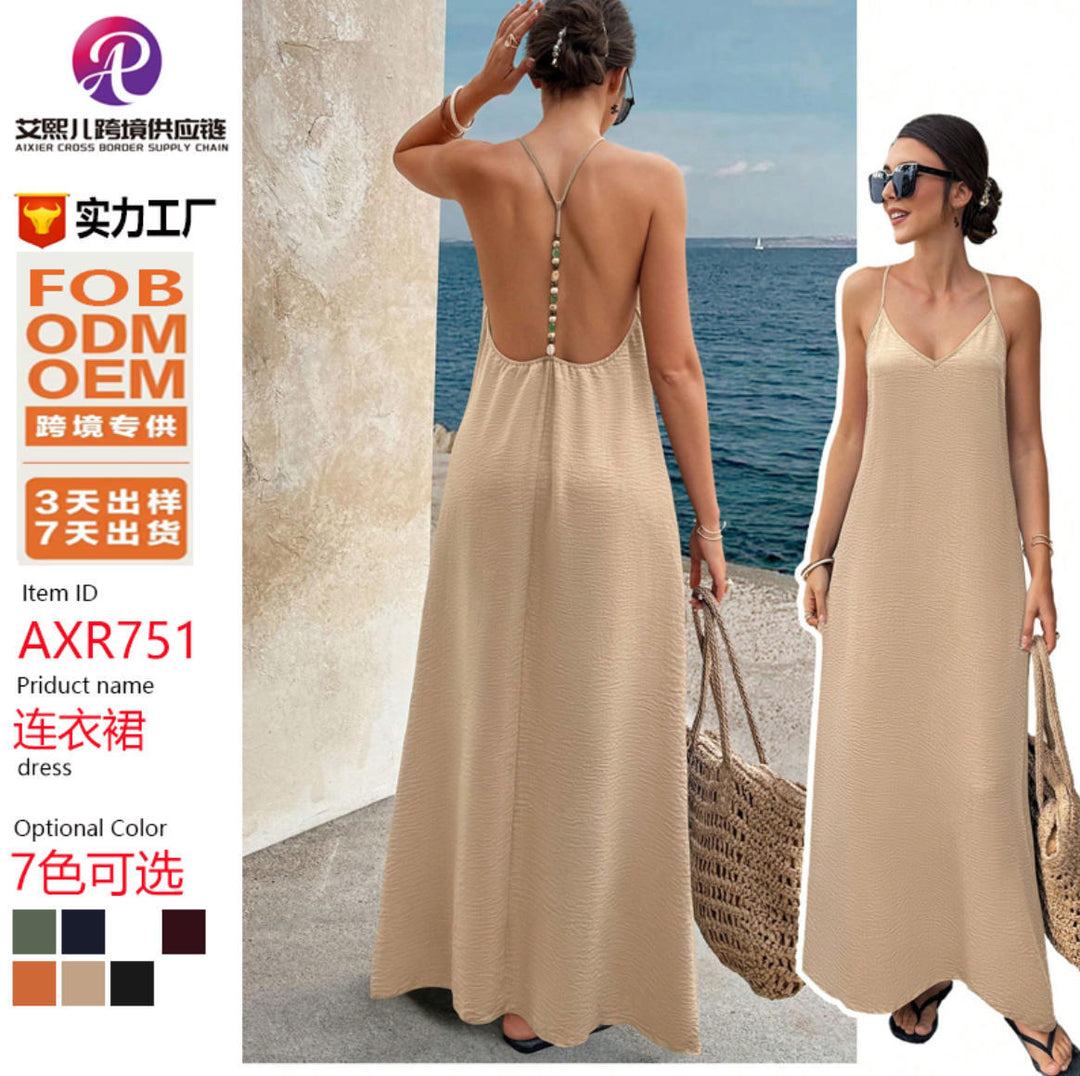 Damen Fließendes Maxikleid mit Spaghettiträgern, V-Ausschnitt und sommerlicher Leinenoptik Drune