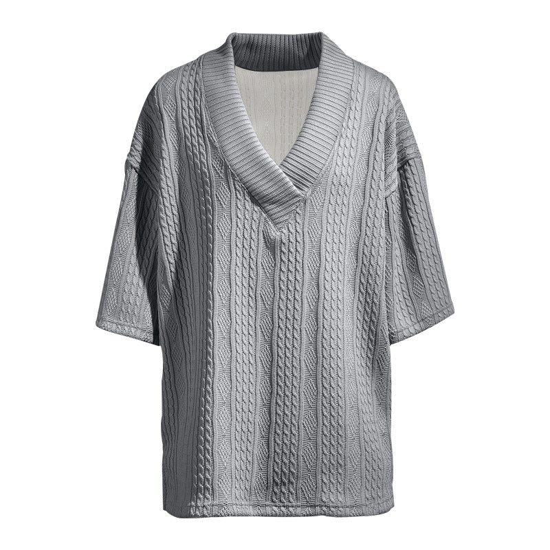 Damen nan weiter Kurzarm-Strickpullover mit Schalkragen und Zopfmuster Drune