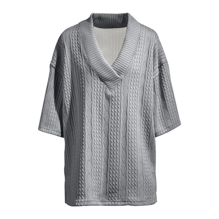 Damen nan weiter Kurzarm-Strickpullover mit Schalkragen und Zopfmuster Drune