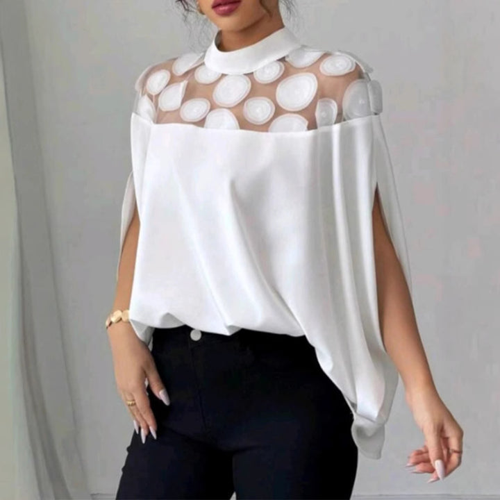 Damen nan elegante Tunika-Bluse mit Stehkragen, transparenter Rund-Applikationspasse und Cape-Ärmeln Drune