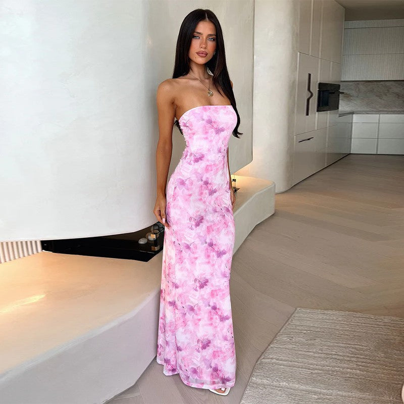 Damen elegantes trägerloses Maxikleid mit floralem Muster und figurbetonter Silhouette Drune