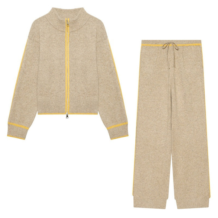 Damen Zweiteiliges Strick-Loungewear-Set mit kurzem Reißverschluss-Cardigan und hoher Bund-Palazzo-Hose Drune
