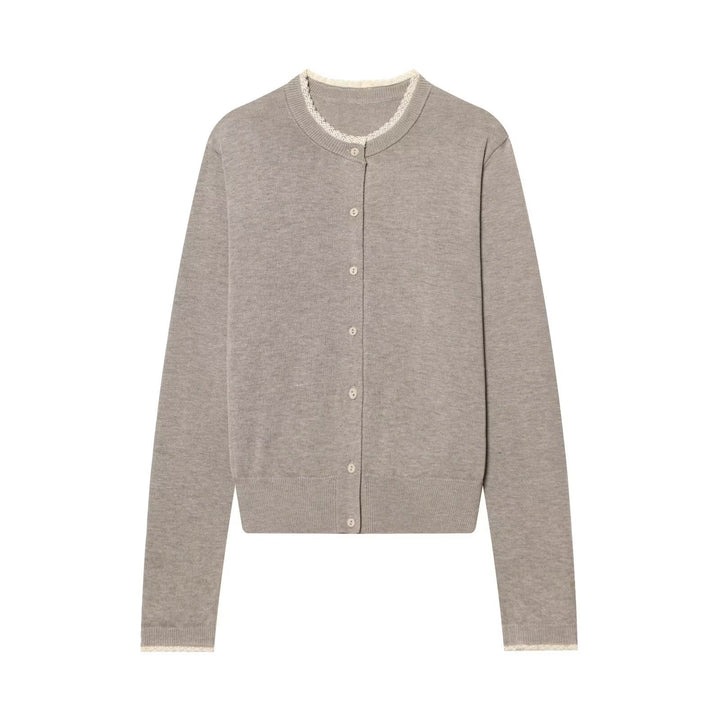 Damen Feinstrick-Cropped-Cardigan mit Spitzenbesatz und Rundhalsausschnitt Drune