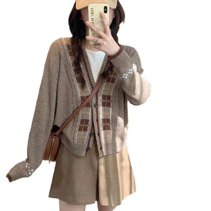 Damen Strickjacke mit modischem Karomuster und pastelligen Akzenten Drune