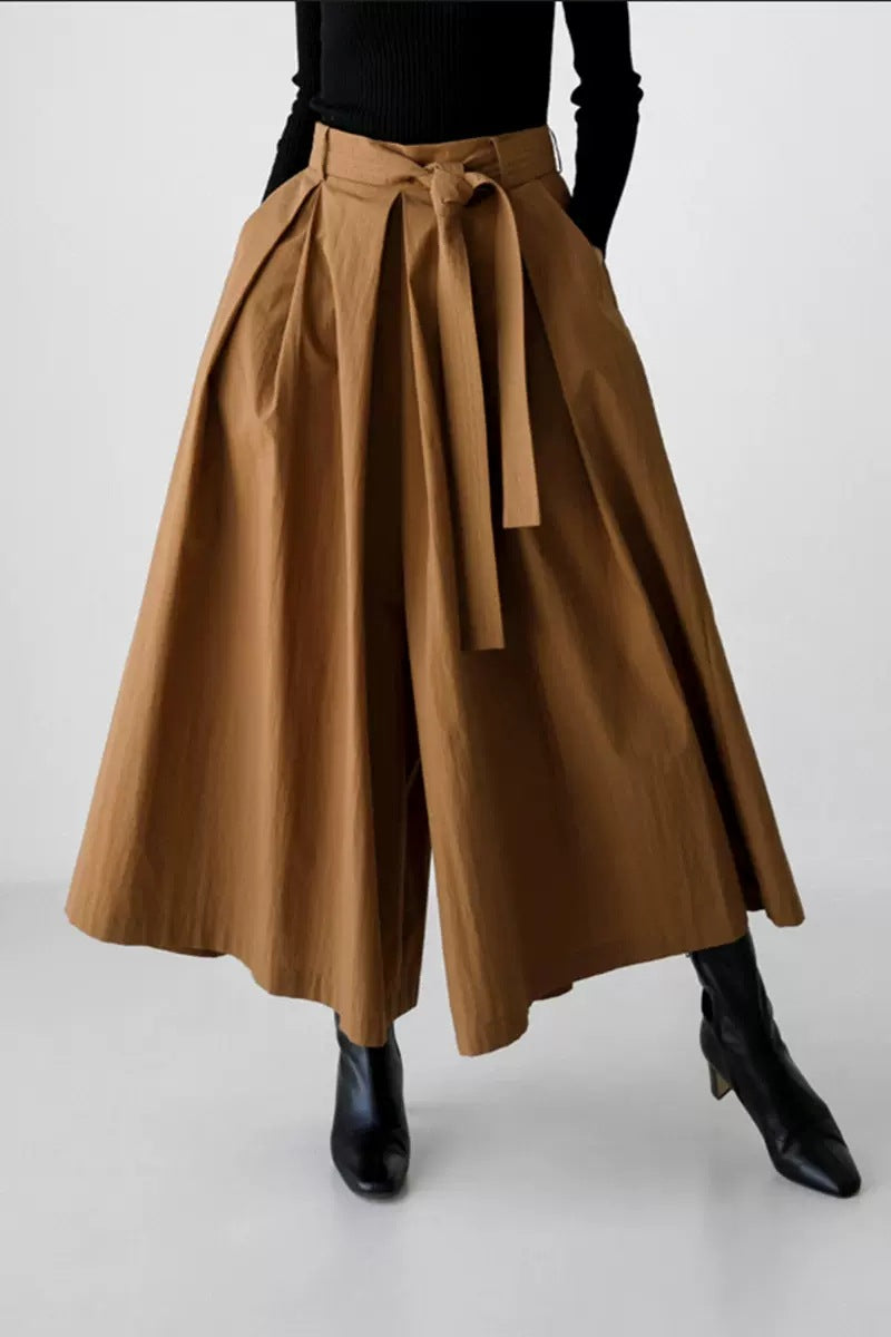 Damen Weite Culotte‑Hosenrock mit Kellerfalten und Bindegürtel Drune
