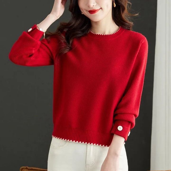 Damen eleganter Strickpullover mit feiner Ribstruktur und modischen Knöpfen Drune