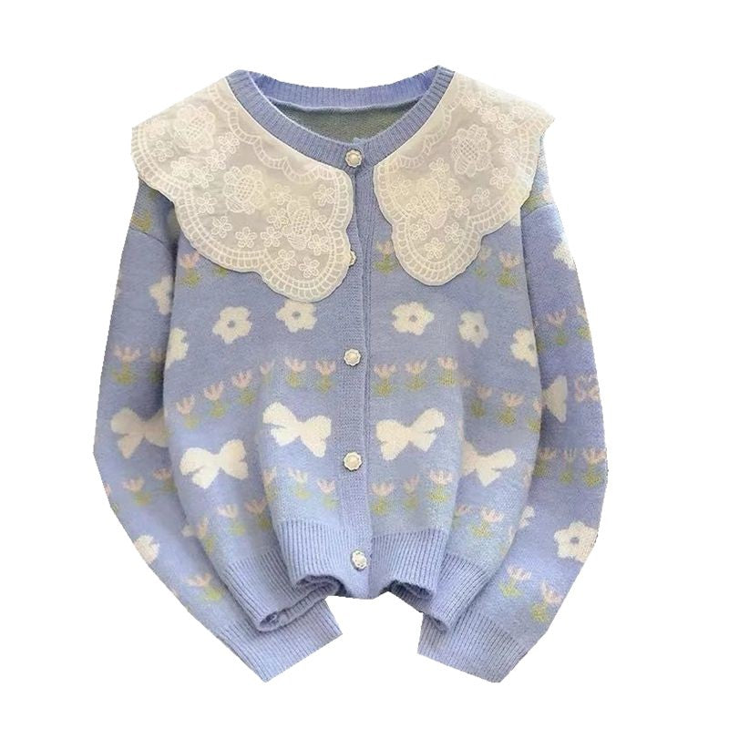 Damen Strickjacke mit floralen Mustern und großem Kragen Drune