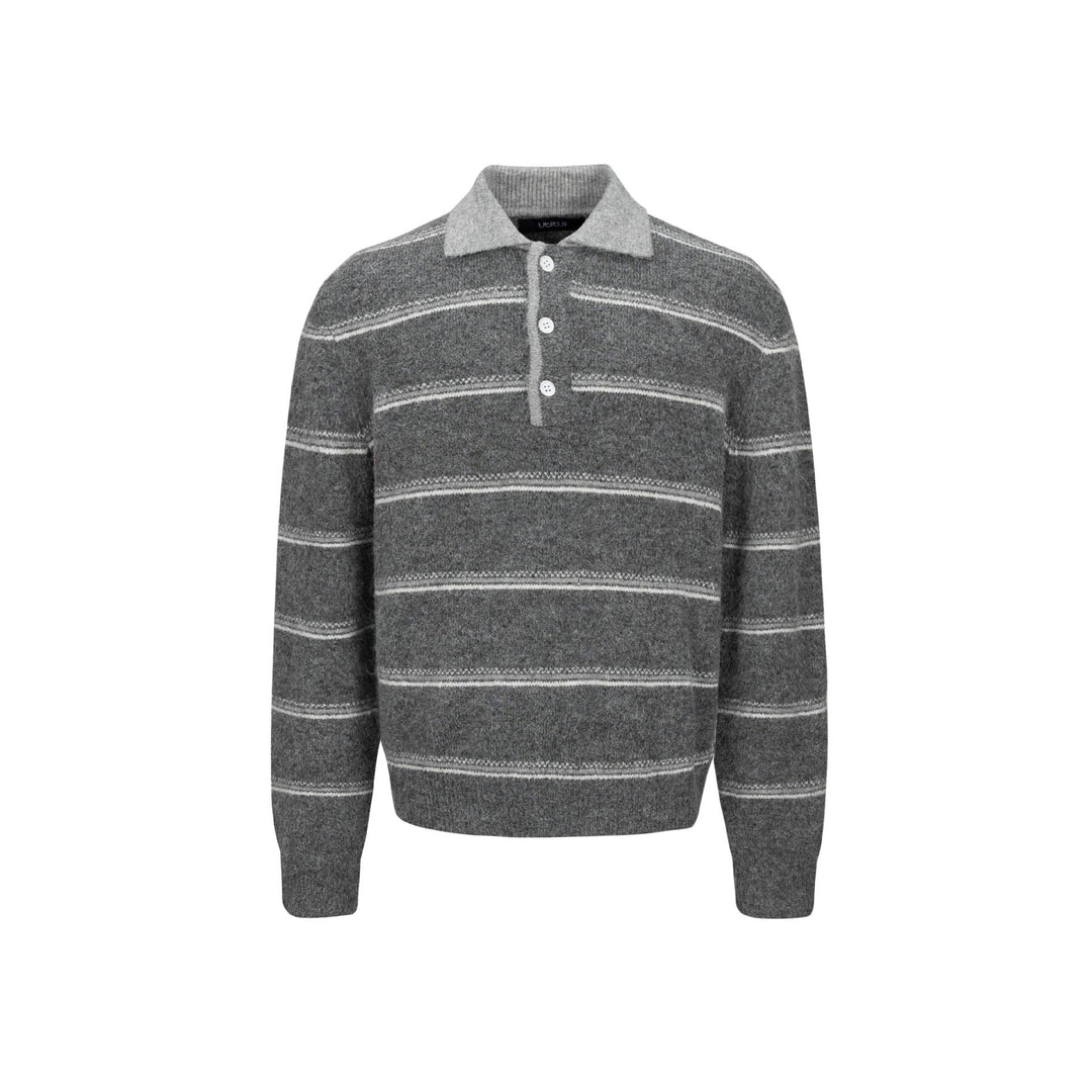 Herren Grobgestrickter Polokragenpullover mit Halbdruckknopfblende und Streifenstruktur Drune