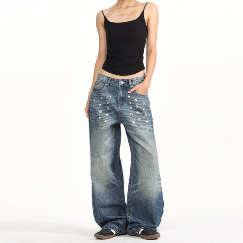 Damen Extraweite Nieten-Baggy-Jeans mit tiefem Bund und Used-Wash Drune