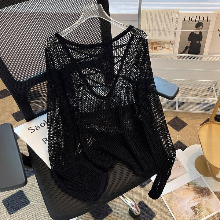 Damen Netzpullover mit offenem Schnitt und tiefem V-Ausschnitt Drune