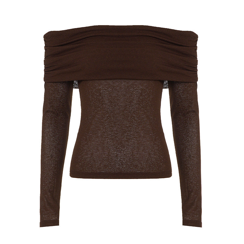 Damen nan schulterfreies Feinstrick-Longsleeve mit gerafftem Umschlagkragen und taillierter Passform Drune