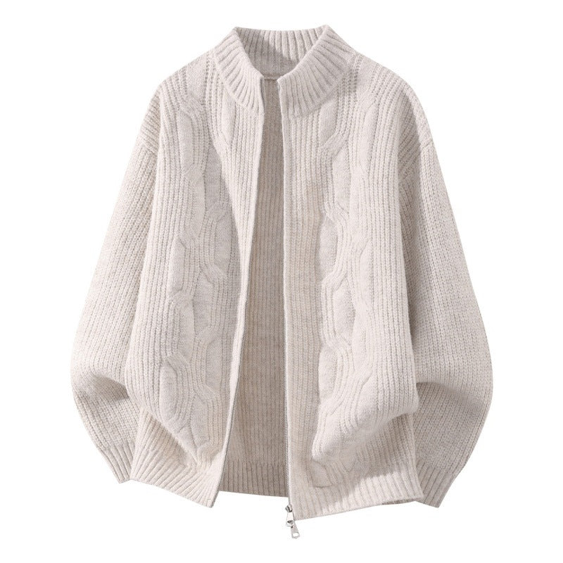 Damen Weicher Oversize‑Zopfmuster‑Cardigan mit Stehkragen & Zwei‑Wege‑Reißverschluss Drune