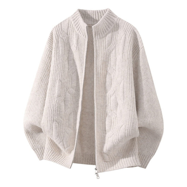 Damen Weicher Oversize‑Zopfmuster‑Cardigan mit Stehkragen & Zwei‑Wege‑Reißverschluss Drune