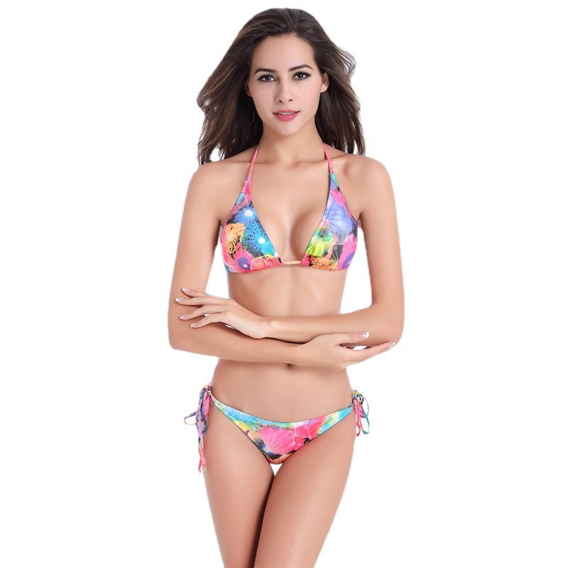 Damen Triangel-Bikini mit verstellbaren Bindebändern und floralen Akzenten Drune