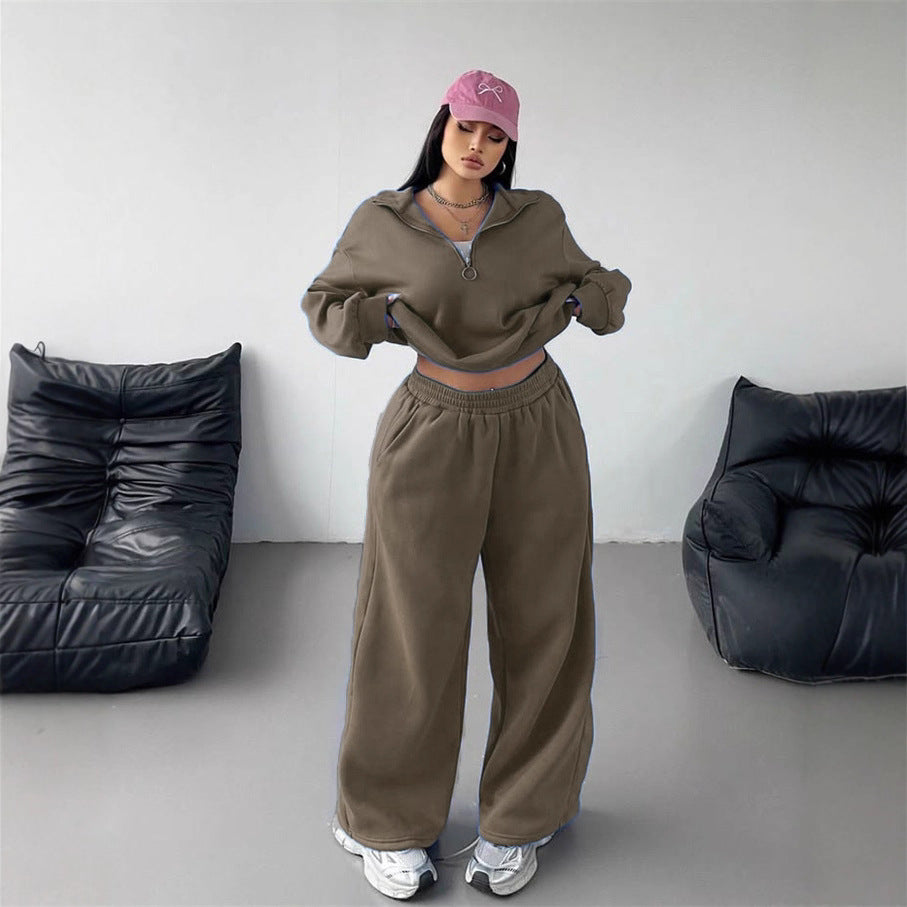 Damen Samt-Cropped-Ziphoodie und weit geschnittene High-Waist Palazzo-Jogginghose Drune