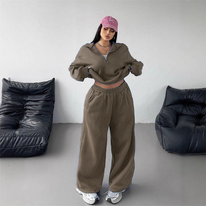 Damen Samt-Cropped-Ziphoodie und weit geschnittene High-Waist Palazzo-Jogginghose Drune