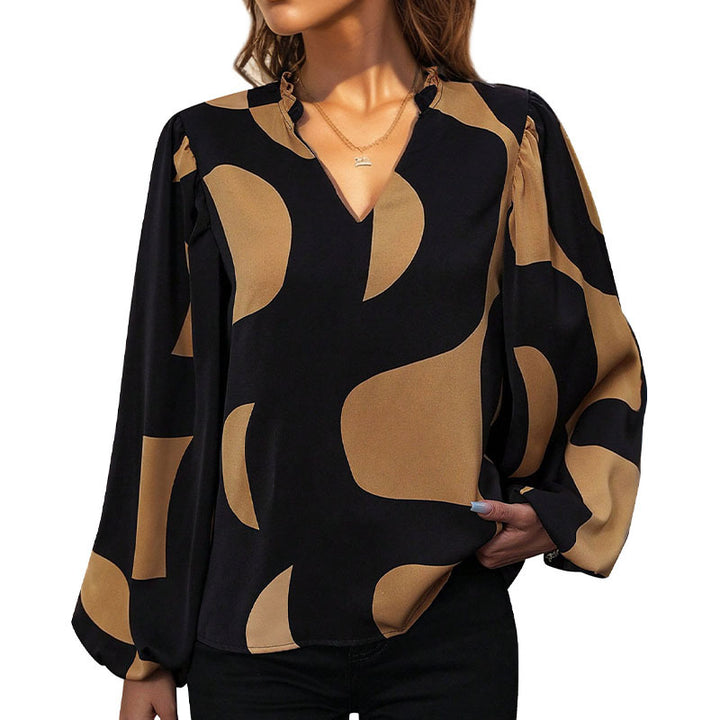 Damen Gemusterte V‑Neck Bluse mit Ballonärmeln und lockerem Fall Drune