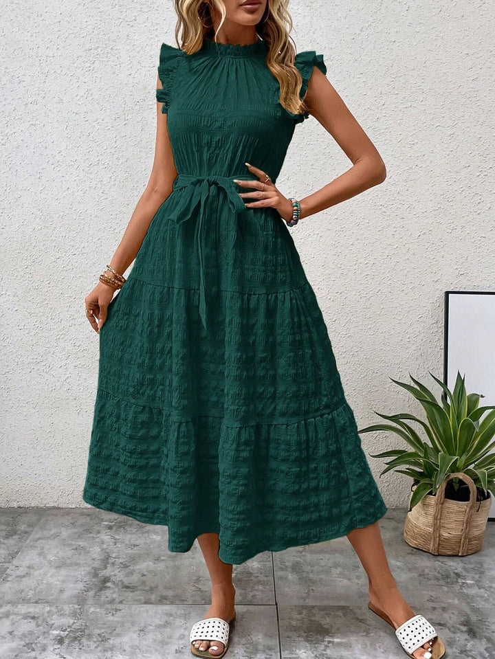 Damen Midikleid mit Stehkragen, Rüschenärmeln und Taillengürtel Drune