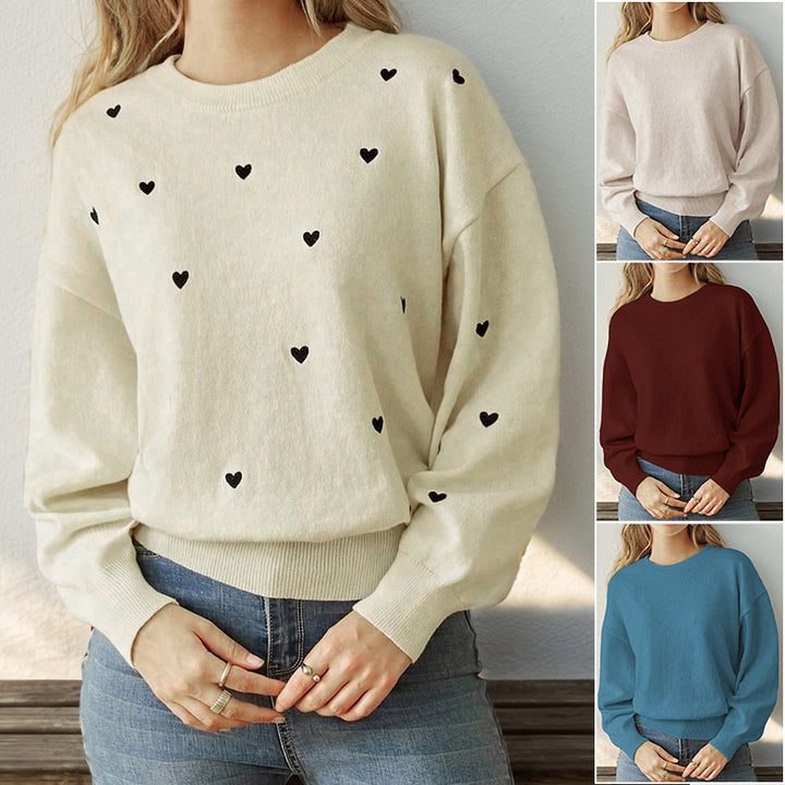 Damen Lockerer Feinstrickpullover mit Herzchen-Allover, Rundhalsausschnitt und elastischem Saum Drune