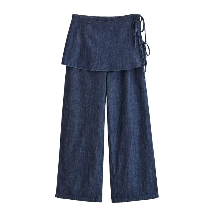Damen Weite Denim-Hose mit Wickelrock-Overlay und Bindebändern Drune