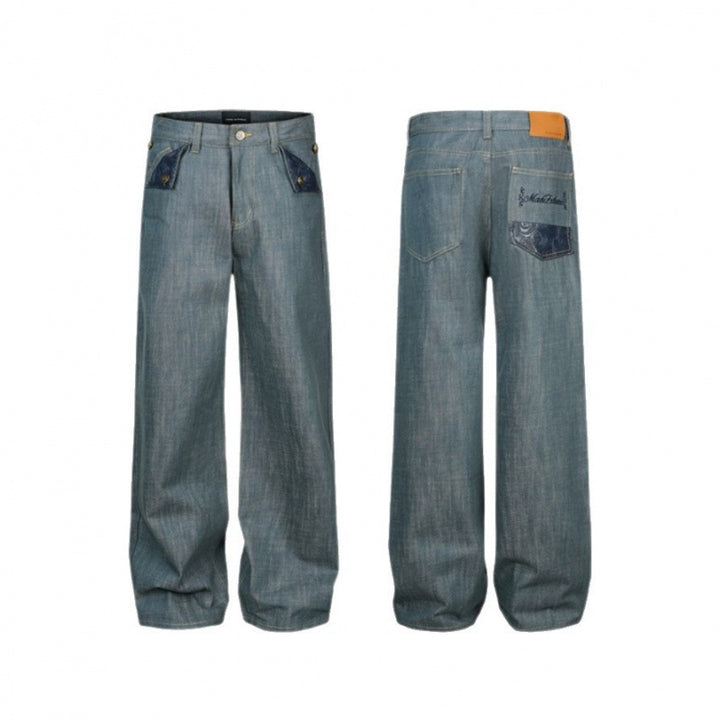 Damen Weite High‑Waist Jeanshose mit aufgesetzten Klappen‑Taschen und weitem Bein Drune