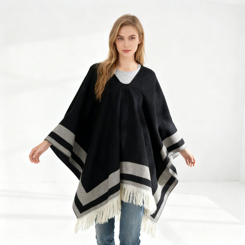 Damen Oversize Poncho-Cape mit V-Ausschnitt und Fransensaum Drune