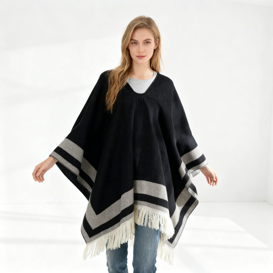Damen V‑Ausschnitt Stricküberwurf im Oversize mit kontrastierenden Blockstreifen und Fransen Drune