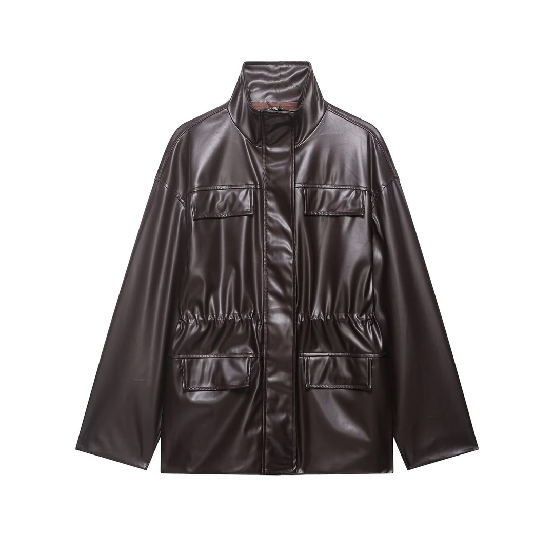 Damen Zweiteiliges PU-Leder-Ensemble mit Fieldjacke, Kordelzugtaillierung und High‑Waist Wide‑Leg Hose Drune