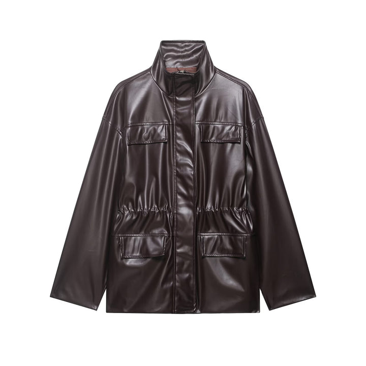 Damen Zweiteiliges PU-Leder-Ensemble mit Fieldjacke, Kordelzugtaillierung und High‑Waist Wide‑Leg Hose Drune