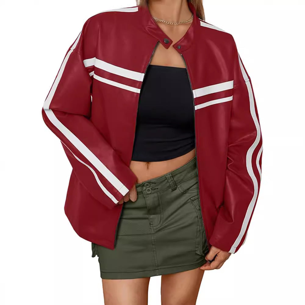 Damen Kunstlederjacke mit sportlichen Streifen Drune