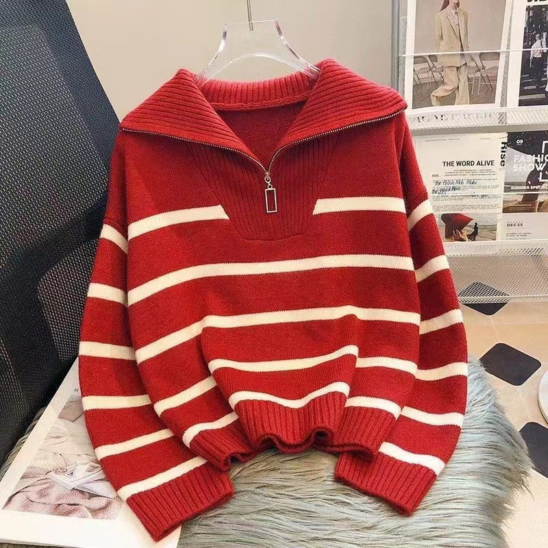 Damen Gestreifter Halb-Reißverschluss Strickpullover mit Rippenkragen Drune
