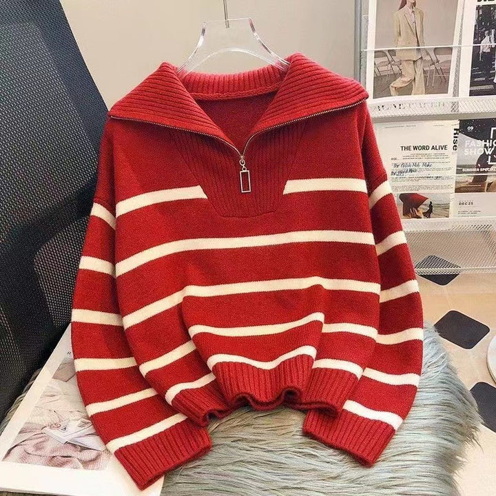 Damen Gestreifter Halb-Reißverschluss Strickpullover mit Rippenkragen Drune