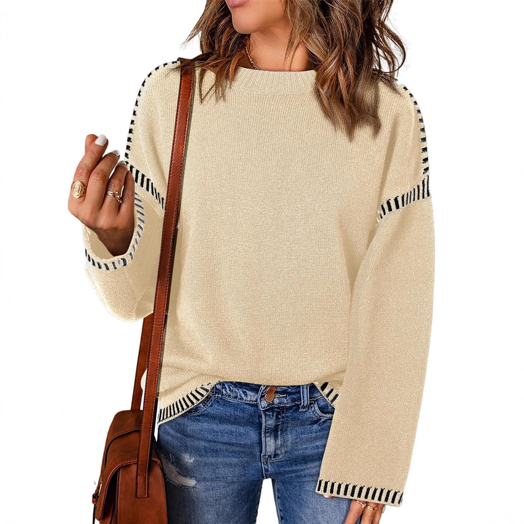 Damen Grobstrickpullover mit modischem Kontrastsaum und weiten Ärmeln Drune