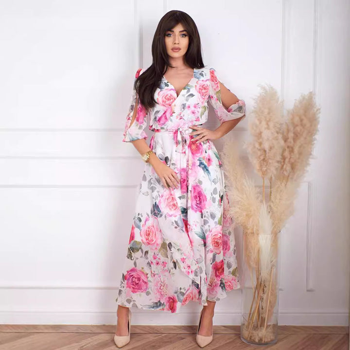 Damen Langes Maxi-Kleid mit floralem Schnitt und raffinierten Ärmeln Drune