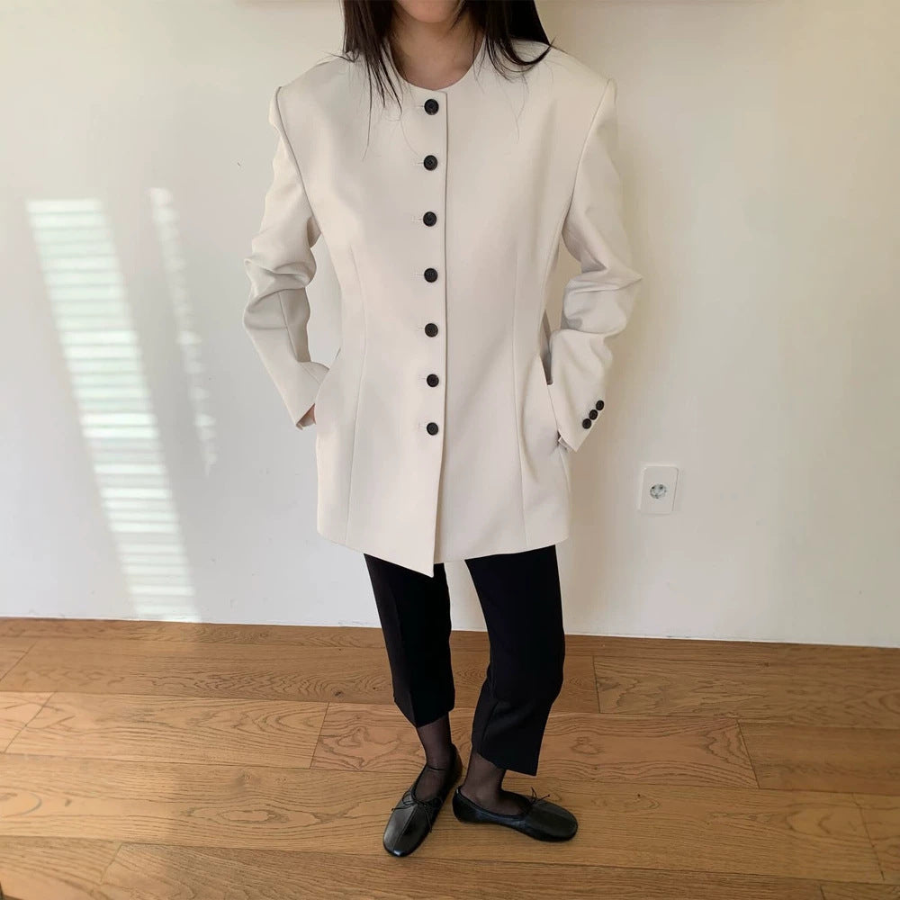 Damen Taillierter Blazer mit skulpturaler Schulter, Rundhalsausschnitt und Kontrastknopfleiste Drune