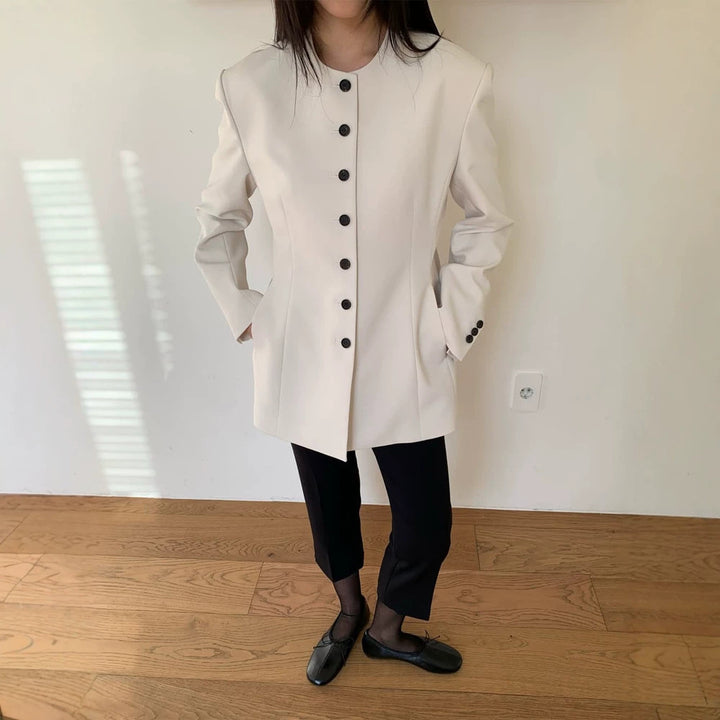 Damen Taillierter Blazer mit skulpturaler Schulter, Rundhalsausschnitt und Kontrastknopfleiste Drune