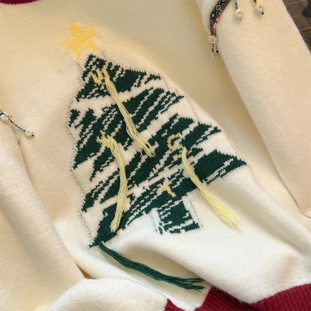 Damen festlicher Strickpullover mit Tannenbaum-Motiv und verspielten Akzenten Drune