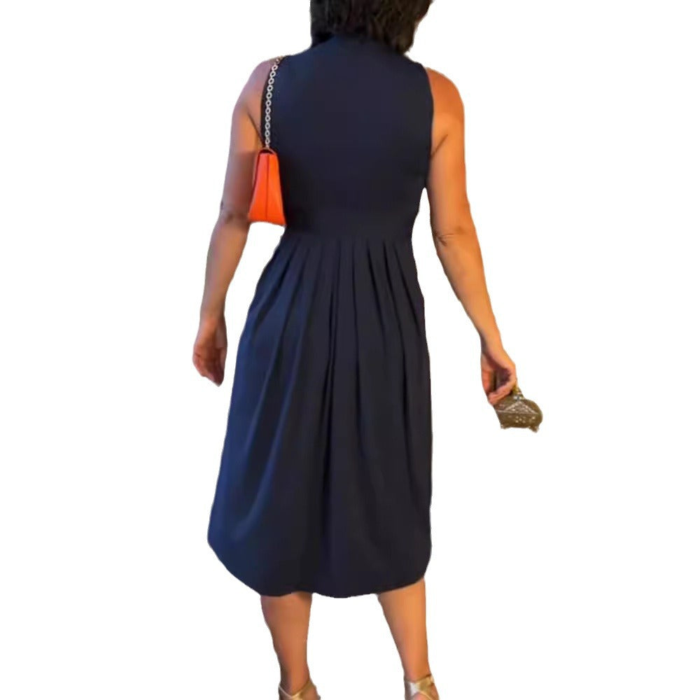 Damen nan ärmelloses V-Ausschnitt-Midikleid mit Unterbrustnaht und schmeichelndem Faltenrock Drune