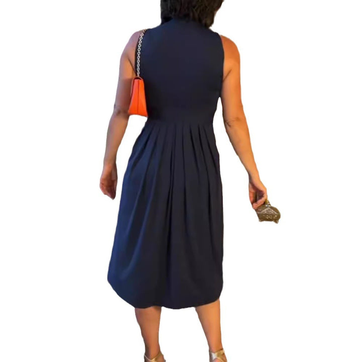 Damen nan ärmelloses V-Ausschnitt-Midikleid mit Unterbrustnaht und schmeichelndem Faltenrock Drune