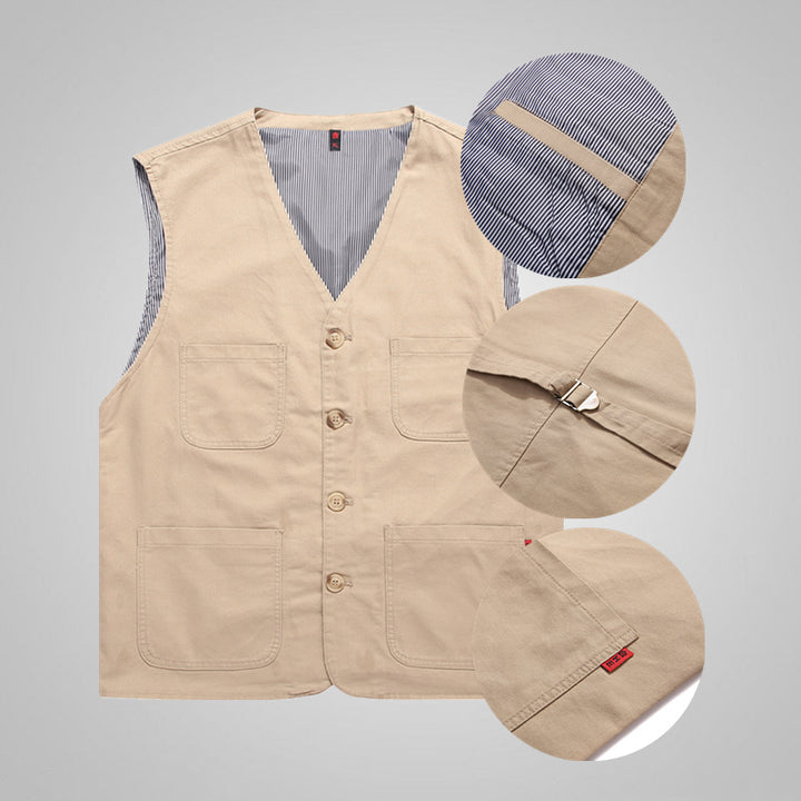 Herren Canvas-Utilityweste aus Baumwolle mit aufgesetzten Taschen und gestreiftem Innenfutter Drune