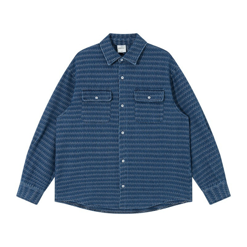 Unisex Strukturierte Baumwoll-Overshirtjacke mit Zickzack-Jacquard und aufgesetzten Brusttaschen Drune