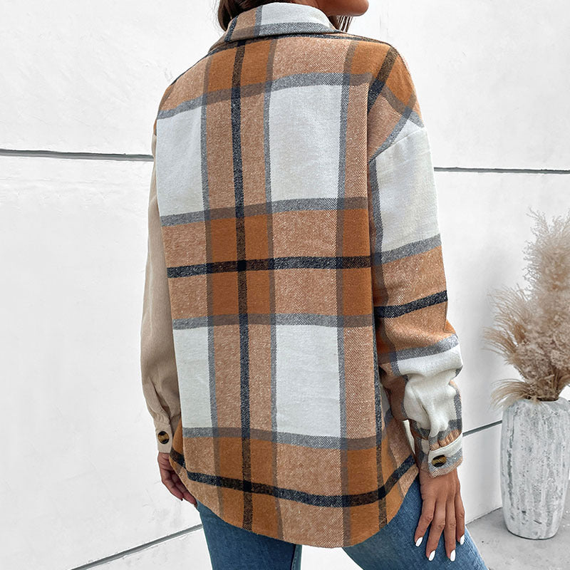 Damen Oversize‑Hemdjacke mit zweigeteilter Karo‑ und Uni‑Optik und Knopfleiste Drune