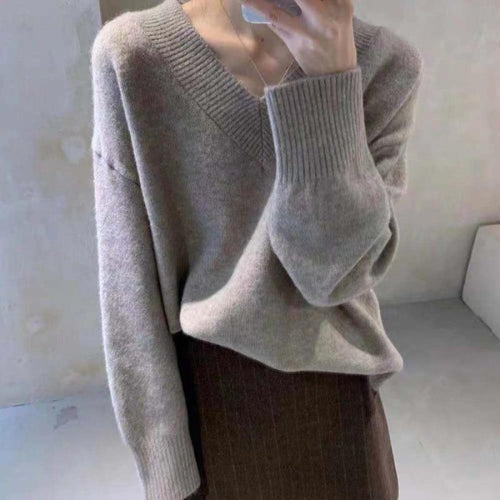 Damen Grob gestrickter V-Ausschnitt Pullover mit lässigem Schnitt und oversized Ärmeln Drune