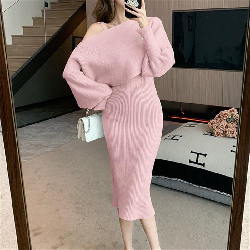 Damen Elegantes Strickkleid mit V-Ausschnitt und passendem Cardigan Drune