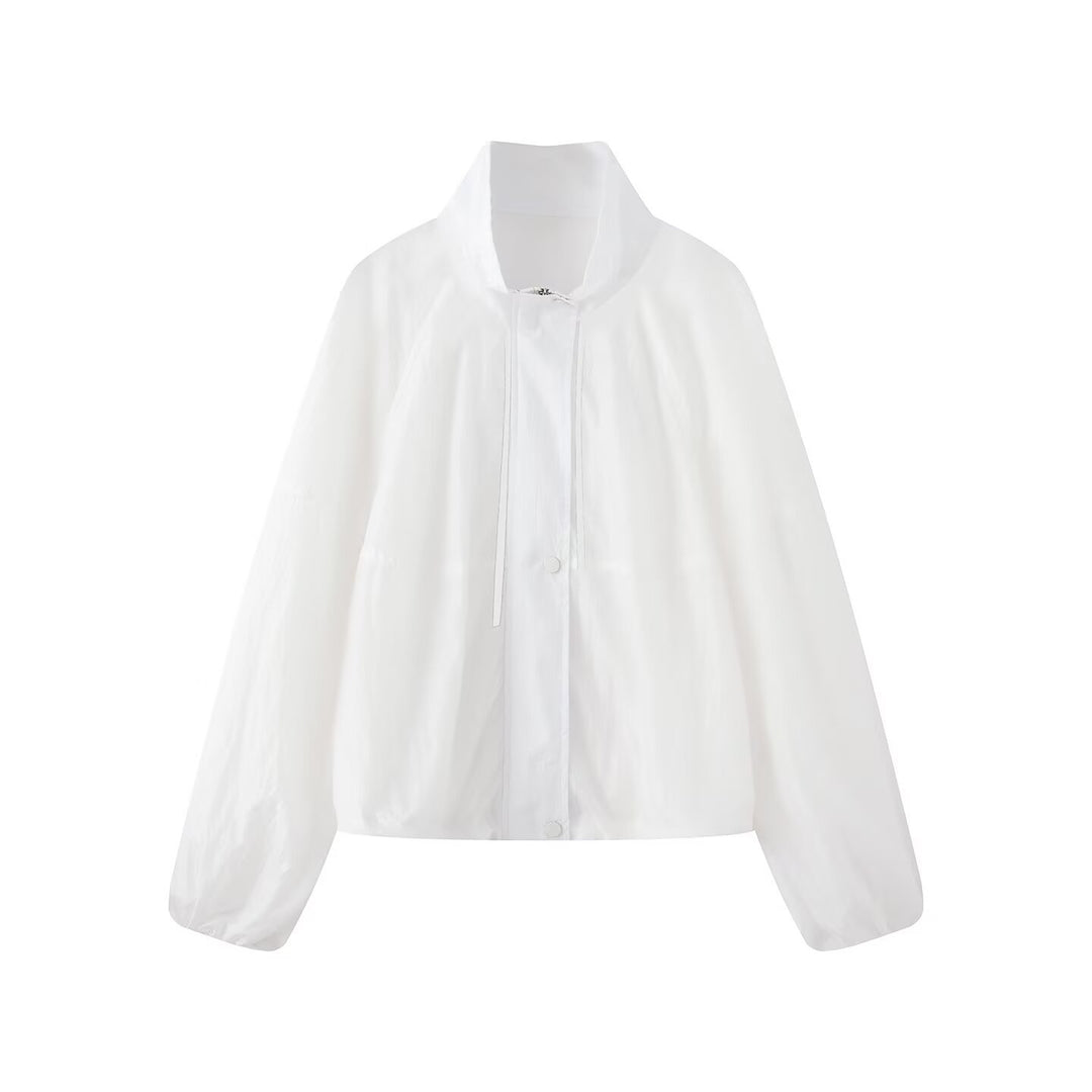 Damen Leichte Oversize-Blousonjacke aus Nylon mit Stehkragen, Kordelzug und Druckknopfverschluss Drune